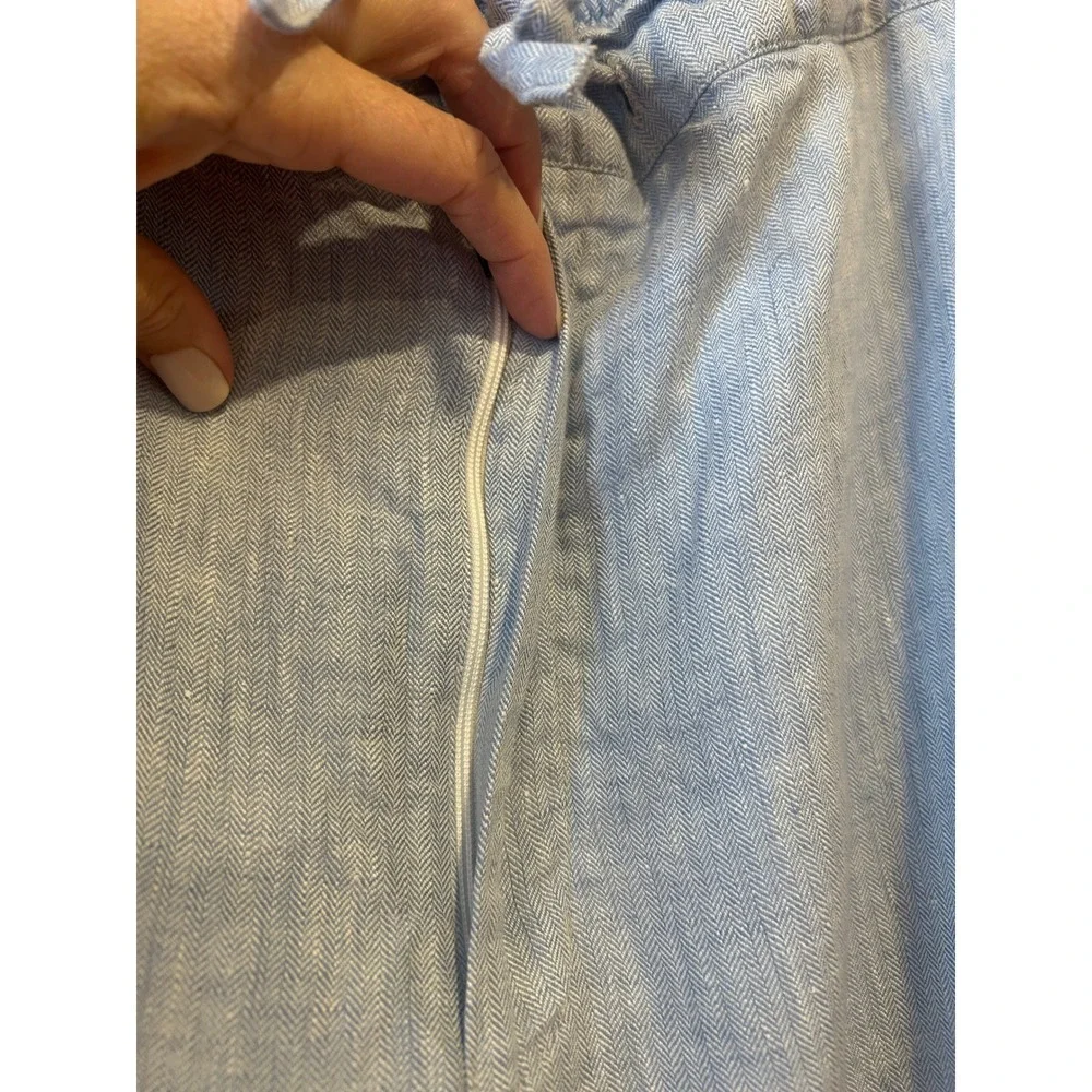 Mens Organic Linen Jogger Pants Size XL Light Blue Herringbone Drawstring Beach